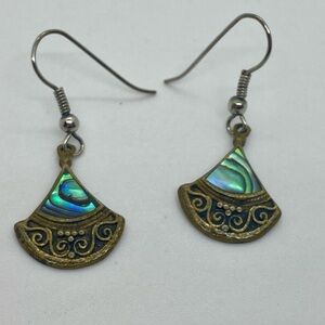 Vintage Abalone Inlay Fan Earrings | Brass Color Filigree Dangle Boho Art Deco